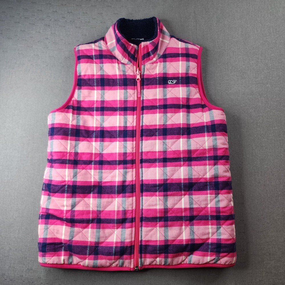 Vineyard Vines Reversible Plaid Fleece Vest Pink Navy Blue Holiday Women XS
